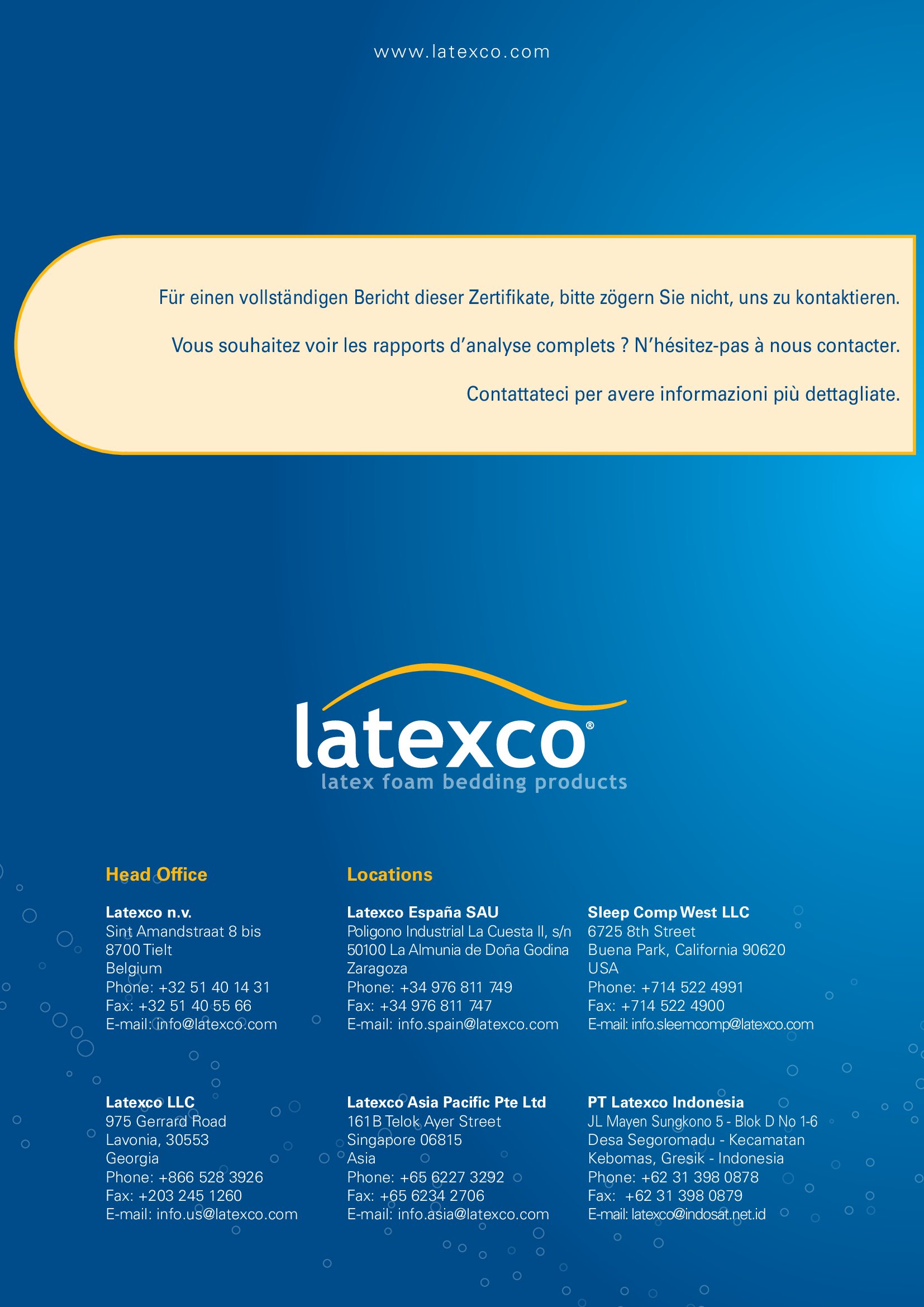 certificat Latexco des matelas en latex naturel ESCOT.